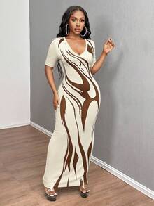 INAWLY Solva Women's Summer Sexy Fitted Printed Short Sleeve Dress - Apricot - View 4