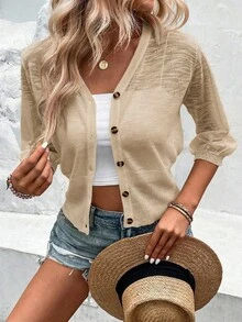 SHEIN 女士休闲日常通勤简约纯色单排扣轻薄透视开衫，春秋季 - 杏色 - 查看 3