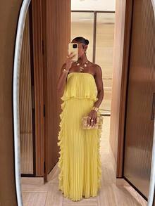 Lumalex New Spring/Summer Pleated Lemon Yellow Lace Trim Bandeau Long Dress Dinner Day Party Elegant - Light Yellow - View 4