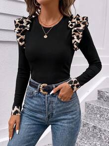 SHEIN Clasi Women's Patchwork Leopard Print Ruffle Long Sleeve Slim Fit Casual T-Shirt - Multicolor - View 6