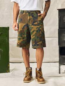 Men's Summer Camouflage Diamond Crochet Cargo Denim Shorts, Loose Wide Leg - Army Green - View 3