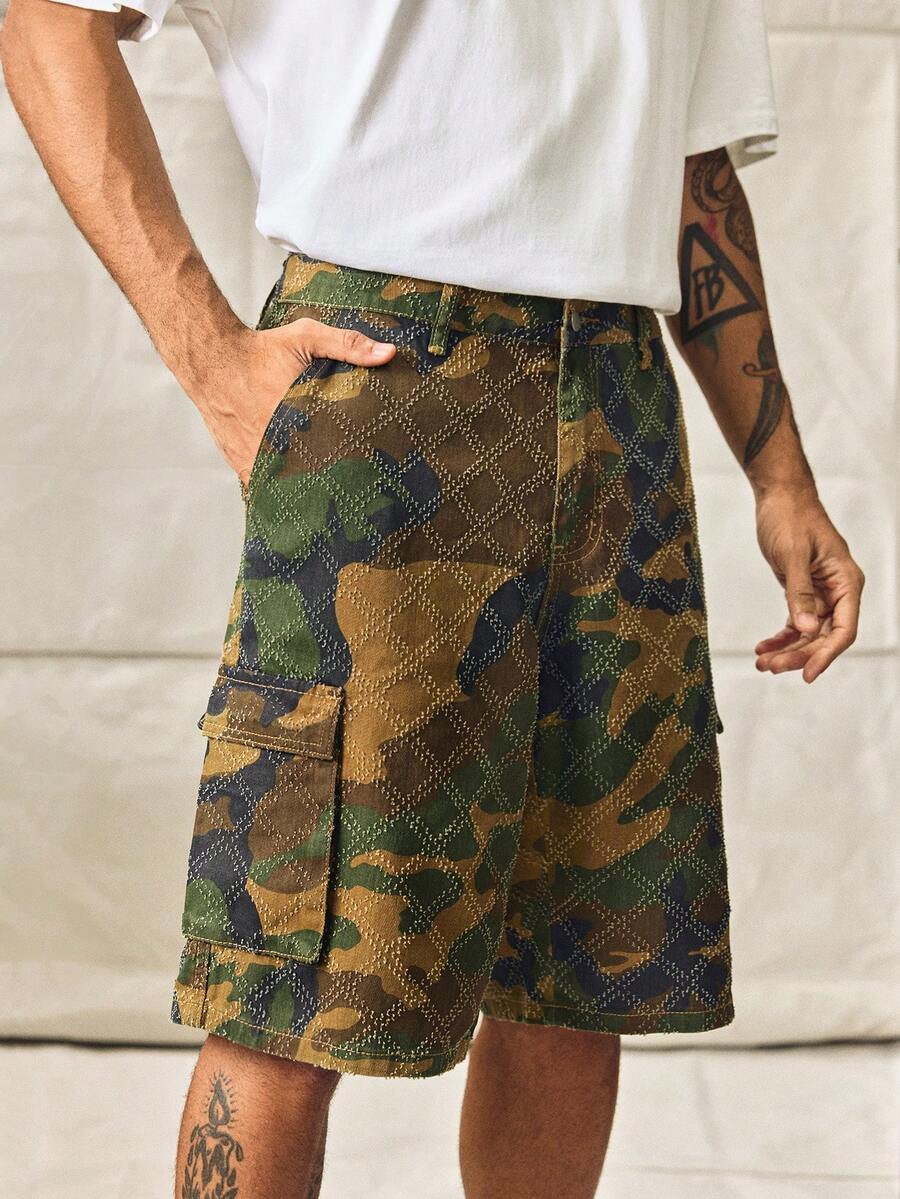 Men's Summer Camouflage Diamond Crochet Cargo Denim Shorts, Loose Wide Leg - Army Green - View 1