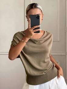 Livesso Tall Women's Cowl Neck Short Sleeve Casual Knit Top Fall - Khaki - View 2