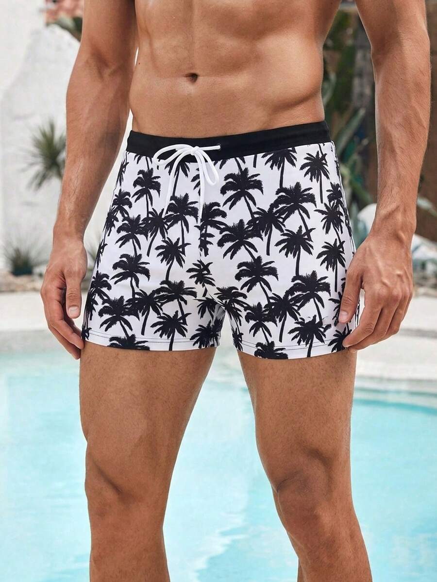 Manfinity Swimmode Men's Plus Size Coconut Tree Pattern Board Shorts,White Floral Summer Casual Pool Party Vacation Holiday Swim Trunks,Matching Couple Bathing Suits - Black and White - View 1