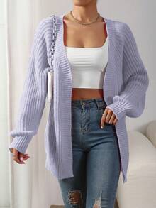 SHEIN LUNE 休閒百搭素色女款開襟羊毛衫 - 淡紫色 - 查看 3