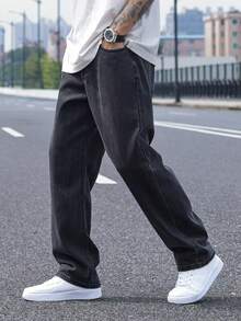 QuarKem 男士纯色休闲时尚宽松牛仔裤 - 灰色 - 查看 3