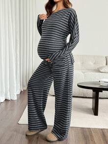 SHEIN Setelan Hamil 2 Potong: Atasan Bergaris Blok Warna dengan Hem Asimetris dan Celana Panjang Kasual dengan Tali Serut di Pinggang (Musim Gugur) - Dark Grey - View 8