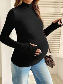 SHEIN Maternity Solid Color Minimalist Versatile Long Sleeve T-Shirt For Daily Wear - Black - View 2