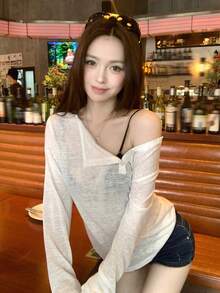 Dazy Tall 女款圓領不對稱前襟長袖套頭內搭休閒T恤 - 白色 - 查看 6