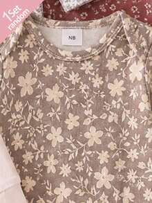 SHEIN 【1套隨機發貨】新生兒居家秋冬連身衣睡衣，田園花卉印花長袖睡衣，按扣開襟嬰兒睡衣 - 彩色 - 查看 5