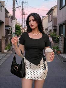 SHEIN MOD Plus Size Women Summer Solid Color Asymmetric Hem Casual T-Shirt With Drawstring Side - Black - View 1