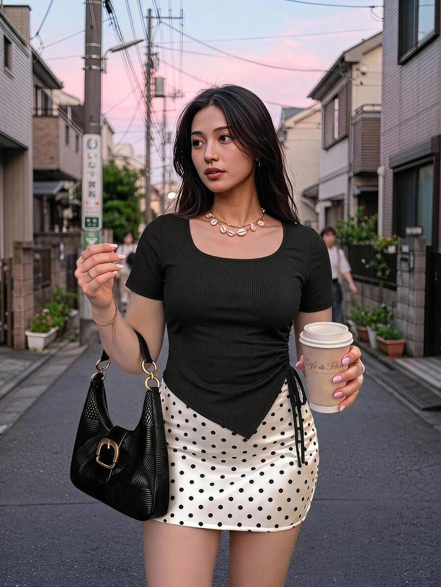 SHEIN MOD Plus Size Women Summer Solid Color Asymmetric Hem Casual T-Shirt With Drawstring Side - Black - View 1