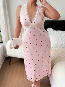 Napfluff CURVE Napfluff CURVE Summer Women's Thin Heart Print Sweet Minimalist Sexy Style Lace Patchwork Plus Size Nightgown - Pink - View 1