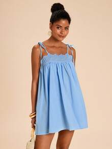Travachic Lace Trim Patchwork Blue Doll Dress, Dress,Dresses For Women Summer - Blue - View 1