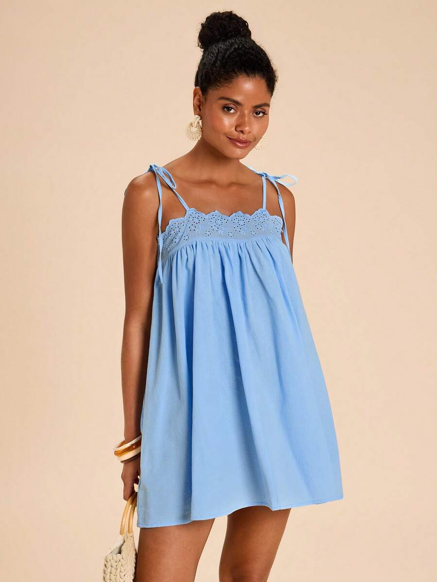 Travachic Lace Trim Patchwork Blue Doll Dress, Dress,Dresses For Women Summer - Blue - View 1