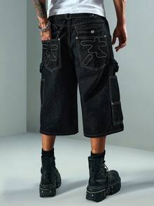 ROMWE MEN Men's Loose Fit Cargo Denim Shorts - Black - View 7