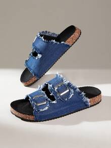Solecia Summer Double-Button Burrs, Open-Toed Flat-Bottomed Cork Slippers, Casual Sandals, Daily Commuting Beach Vacation Versatile Sandals - Navy Blue - View 7
