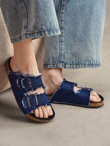Solecia Summer Double-Button Burrs, Open-Toed Flat-Bottomed Cork Slippers, Casual Sandals, Daily Commuting Beach Vacation Versatile Sandals - Navy Blue - View 9