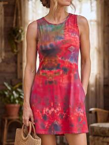 Hansera Sleeveless Waist Cinched Short Printed Dress - Red - View 4