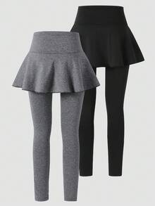 SHEIN 青少年女孩緊身褲，休閒優雅 2 合 1 蝴蝶結圖案裙褲，適合春、秋、夏季穿著，完美搭配外出造型 - 黑色 - 查看 2