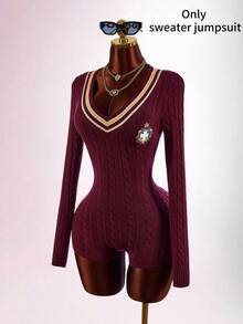 Amplova Women's Preppy V-Neck Cinched Waist Ultra Short Mini Romper - Burgundy - View 12
