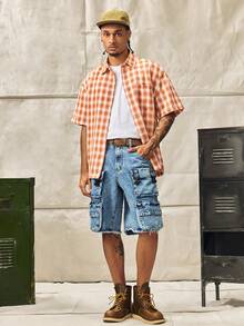 Norleigh Men's Distressed Light Blue Denim Cargo Shorts, Streetwear Loose Fit Jorts Tropical Street Hang Out Work - Light Wash - View 4