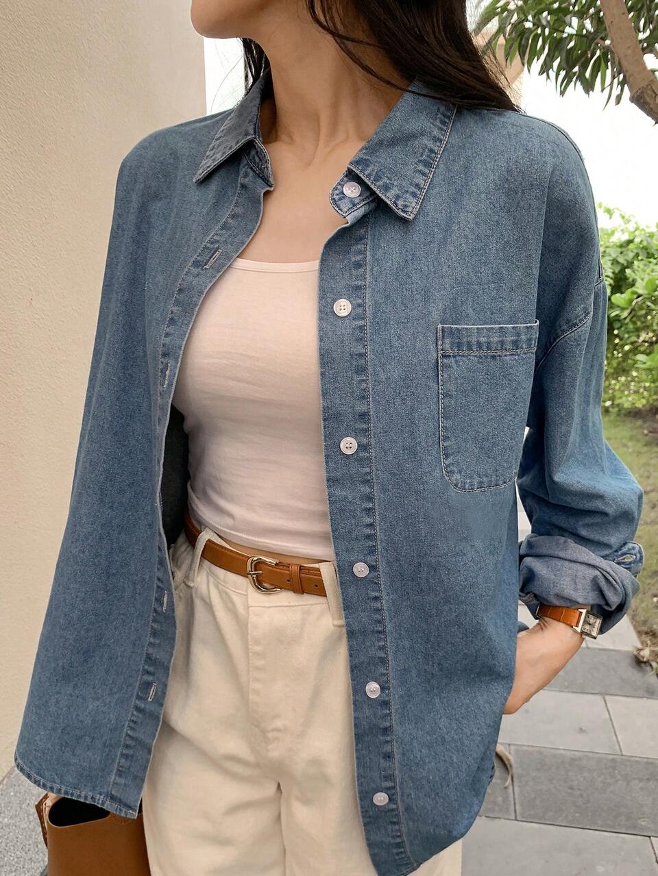 Women's Loose Fit Long Sleeve Lapel Collar Casual Denim Shirt Fall