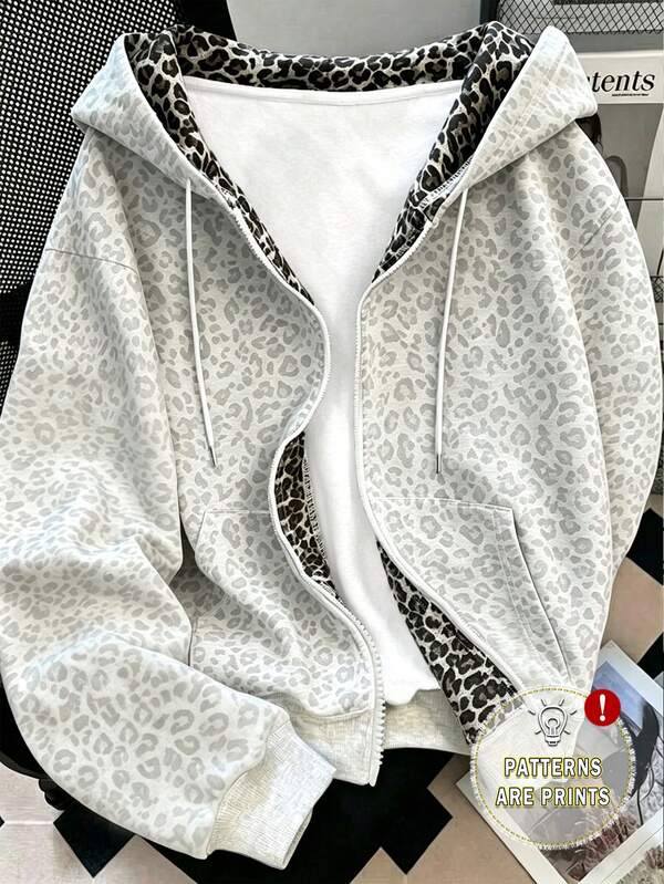 Resyla Women's Outerwear Top, Autumn/Winter New Style, Pattern Design, Leopard Print, Letter, Outdoor, Holiday, Photography Street, Street Style, Back To School, Teacher's Day, Women's Double Layer Hooded Sweatshirt