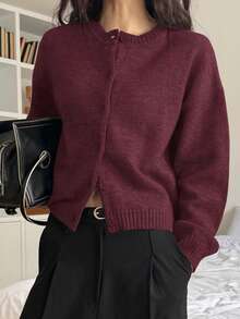 DAZY Cárdigan de punto de lana rojo minimalista de unicolor para mujeres - Burdeos - Ver 2
