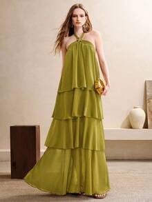 Arave Women's Dress A-Line Tiered Chiffon Halter Neck Metal Buckle Layered Elegant Party Olive Green Solid Elegant Dresses For Party Wedding Party - Green - View 5