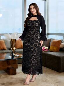 Modelyn Women's Plus Size Black Lace Patchwork Hollow Out Dress - Black - View 6