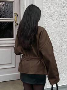 MainGRL Lace-Up Overcoat, Minimalist Fashion Casual Everyday In Fall/Winter - Brown - View 2