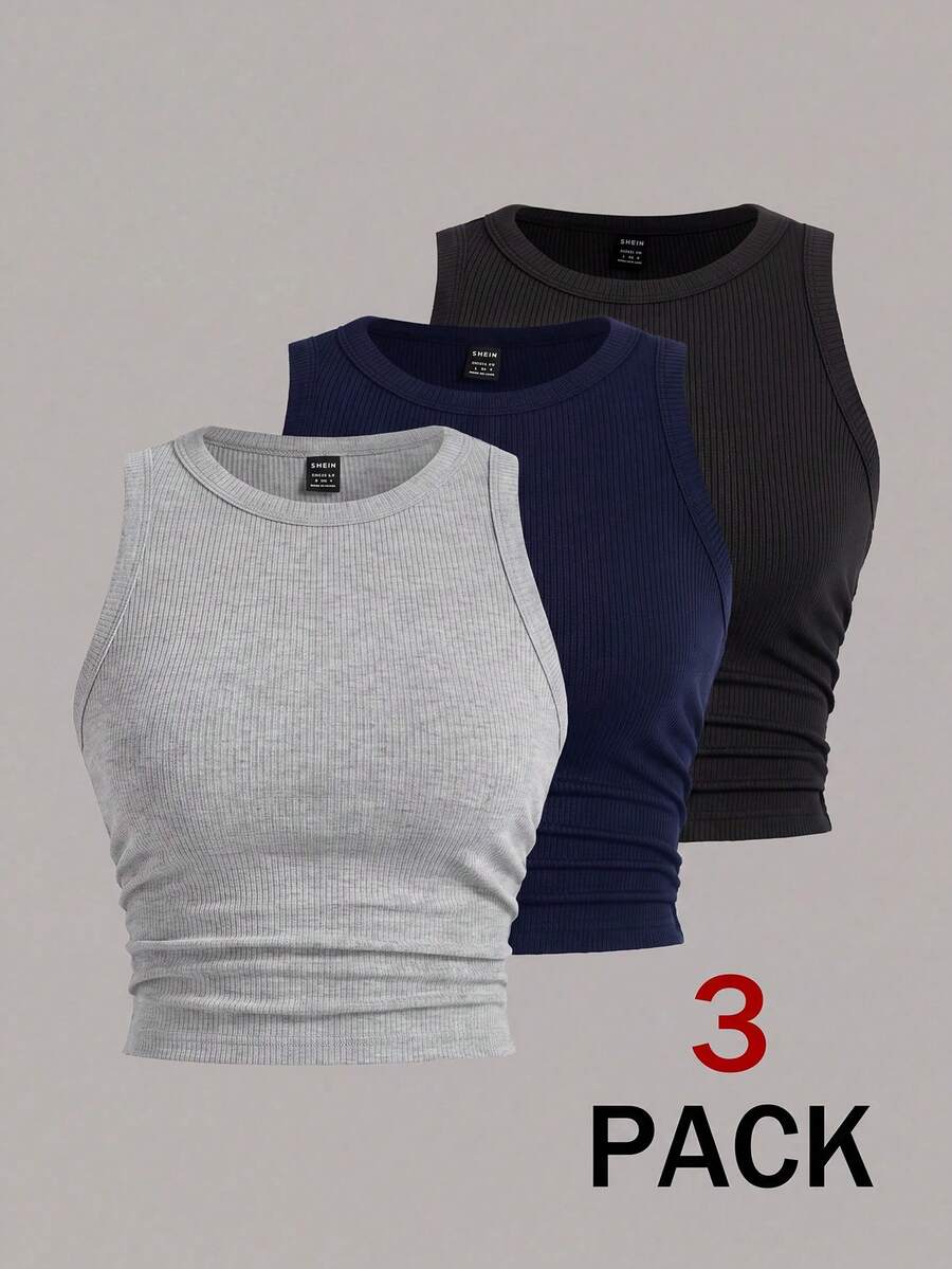 SHEIN EZwear 多色針織女款修身背心 - 彩色 - 查看 1