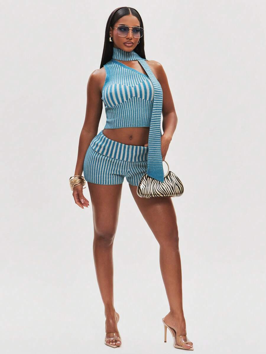 NYA SZN Knit Matching Set Top And Short Scarf Ribbed Knit One Shoulder Foldover Hem Beach Vacation Comfortable Brunch Outfits For Women - Multicolor - View 1