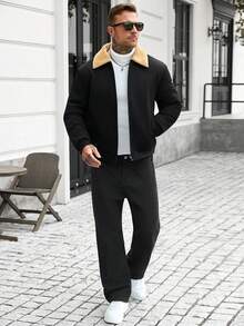 Manfinity CasualCool Men's Solid Color Long Sleeve Jacket, Suitable For Autumn/Winter Wear, Black - Black - View 5