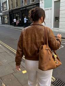 Dazy Plus Jaket Kasual Blogger Model Longgar Warna Cokelat untuk Musim Semi/Gugur, Jaket Luar Biasa - Mocha Brown - View 2