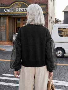 FRIFUL Cardigan Wanita Model Korea Baru untuk Awal Musim Gugur, Motif Patchwork, Bagian Bawah Berbahan Jala Transparan dengan Belahan di Bagian Depan. - Hitam - View 11