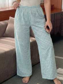 Dazy Plus Elastic Waist Plaid Loose Long Home Wear Cute Casual Pajama Bottoms Fall - Mint Blue - View 4