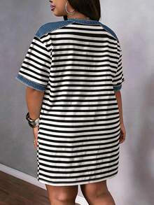 Slaydiva Plus Size Striped Print Round Neck Split Hem Short Sleeve Summer Dress - Multicolor - View 2