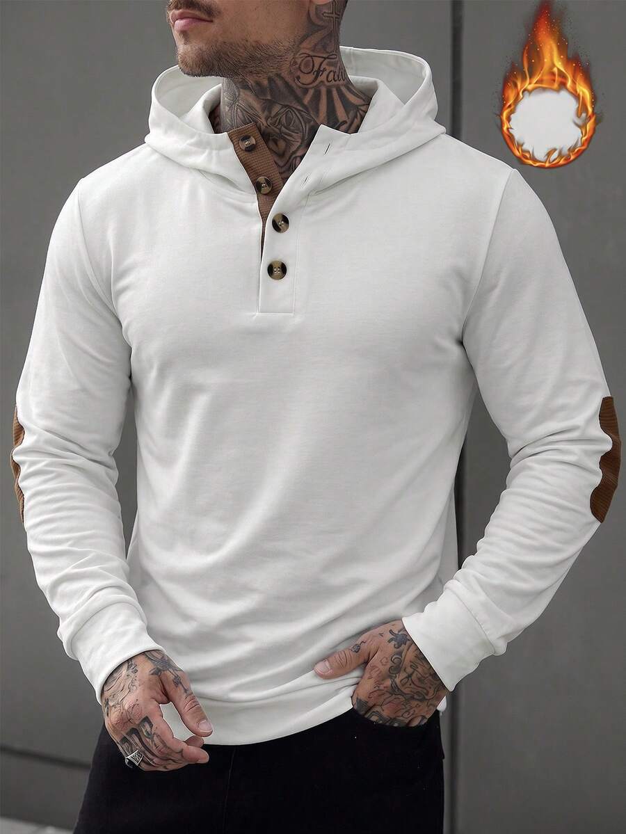 Manfinity Homme 男士白色與咖啡色半拉鍊連帽衛衣,鈕扣設計,舒適經典百搭居家通勤連帽衫 - 白色 - 查看 1