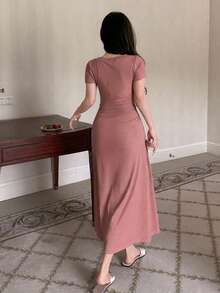 DAZY Gaun Santai Wanita Musim Panas Elegan Warna Polos - Mocha Brown - View 2