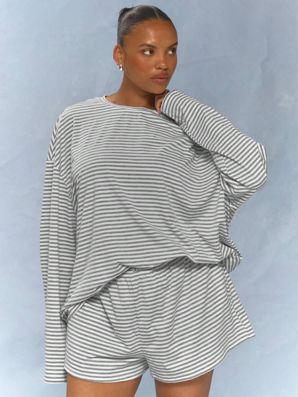 Conjunto de 2 Peças Listrado Plus Size, Estilo de Férias de Verão, Elegante Doce Casual Fofo Macio Roupa Social