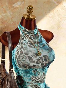 Amplova Women's Leopard Print Halter Neck Sexy Mini Dress With Ruffle Hem - Green - View 5
