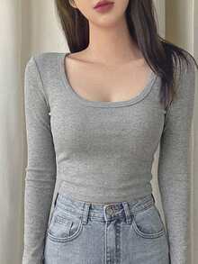 DAZY 女款休閒百搭純色長袖上衣 - 灰色 - 查看 5