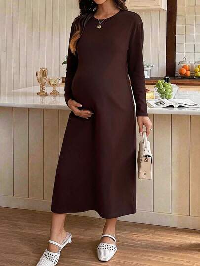 SHEIN Maternity Solid Color Casual Daily Long Sleeve Dress Fall
