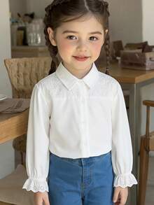 SHEIN Young Girl Moss 青少女寬鬆白色合身純色翻領休閒襯衫，青少女休閒長袖純色襯衫，時尚夏季休閒襯衫 - 白色 - 查看 5
