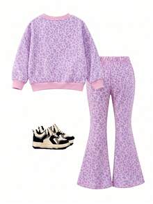 Young Girls 2-Piece Set, Fashionable Minimalist Macaron Color Scheme, Horse & Leopard Print Long Sleeve Fleece Sweatshirt Top, Leopard Print Contrast Stripe Flare Pants, Soft Outfit Suitable For Outings In Autumn/Winter - Multicolor - View 2