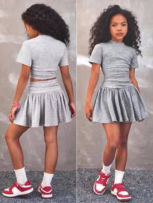 Coolane Kids Tween Girl Mock Neck Ruched Slim Fit Tee & Ruffle Hem Skirt,Back To School,Y2K,Streetwear,Summer/Fall - Grey - View 6