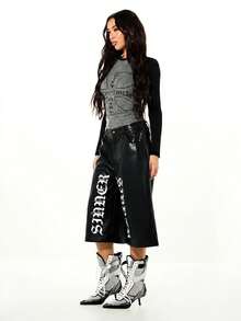 SUMWON WOMEN New York City Girl Gothic Cross Graphic Raglan Crop Top Long Sleeve Ribbed Crew Neck Two-Tone Color Block Fitted Tee - Grey - View 5