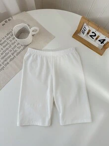 SHEIN 兒童 LMoss 青少年女孩多件裝純色針織騎行緊身褲 - 白色 - 查看 6